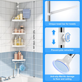 Rust-proof 304 stainless steel rods support durable shower storage.