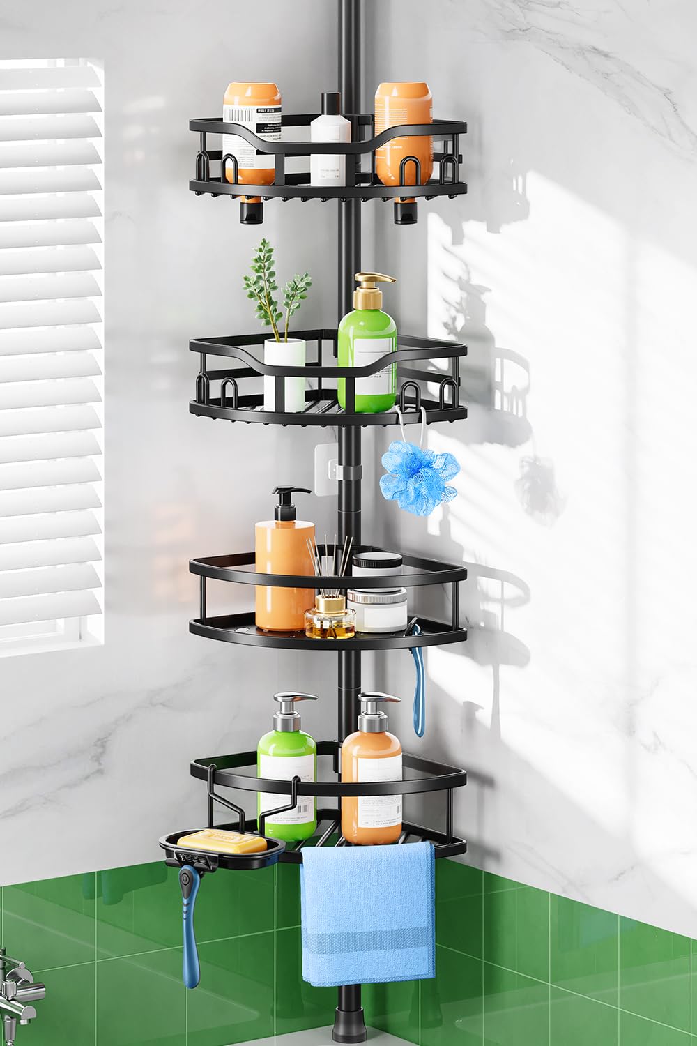 HAMITOR Shower Caddy pole top mount demonstrates a stable corner storage setup.