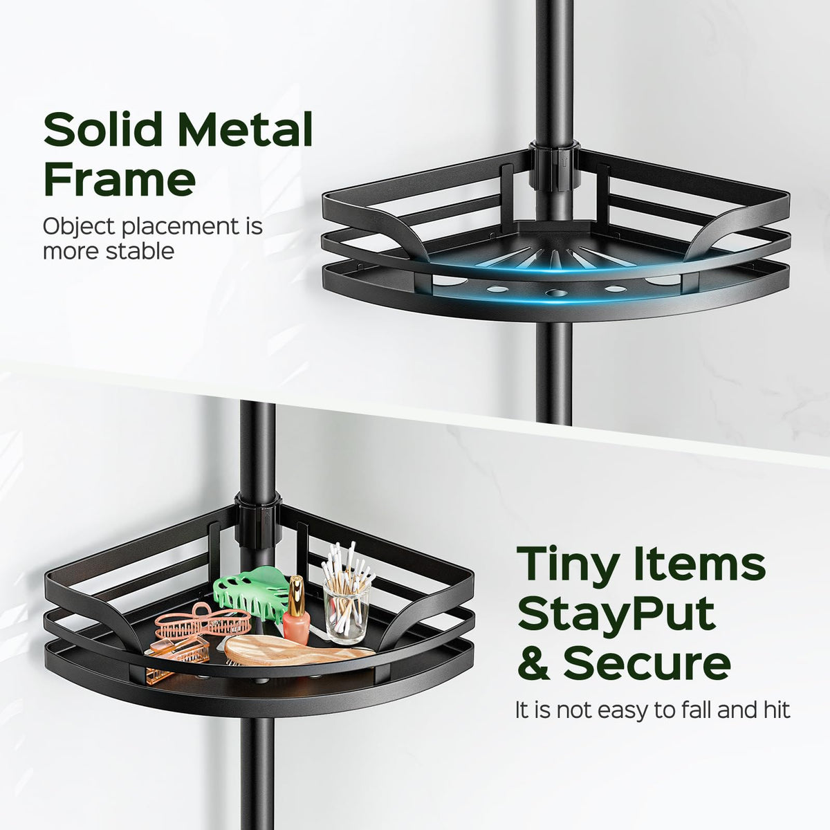 HAMITOR corner organizer with quick clip setup for tool-free installation in rentals.
