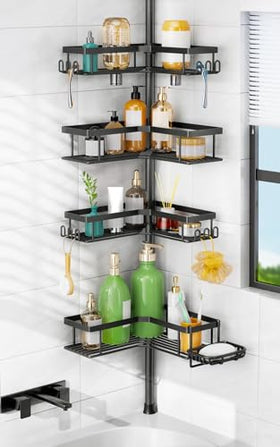 HAMITOR shower caddy tension pole with 4-tier shelf for compact corner organization