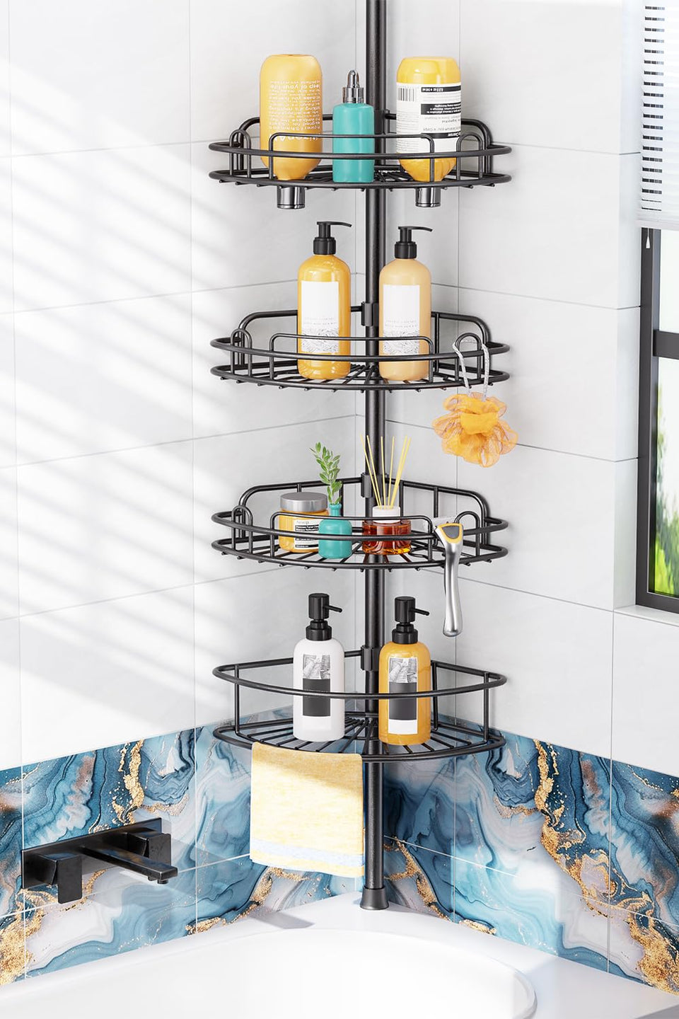HAMITOR 4-tier tension pole shower caddy in a modern bath corner for organized storage