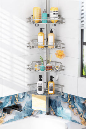 HAMITOR Shower Caddy tension pole 4-tier design for organized bottle storage