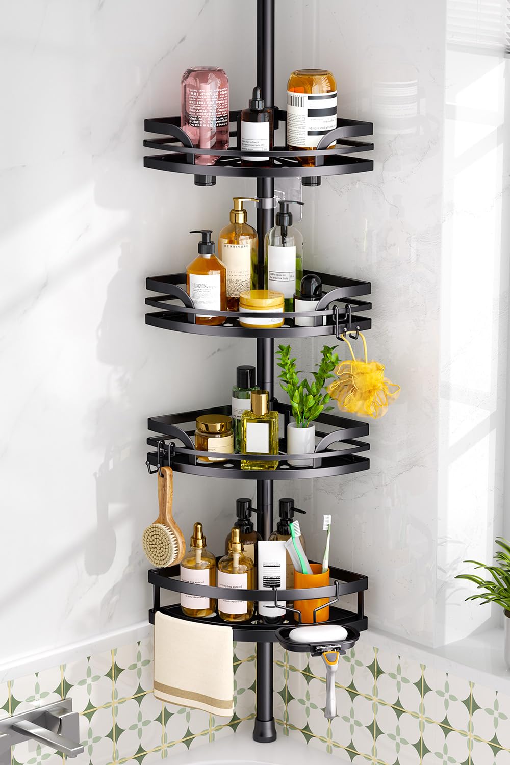 HAMITOR shower caddy tension pole showing adjustable height for varied ceiling heights.