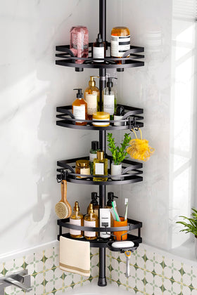 HAMITOR shower caddy tension pole showing adjustable height for varied ceiling heights.