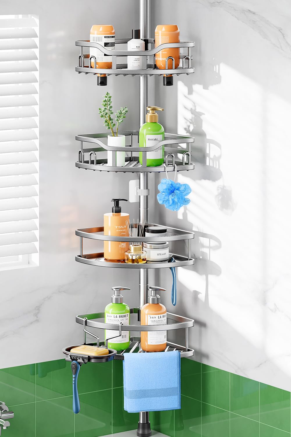 HAMITOR shower caddy tension pole rustproof and quick-to-install for renters.