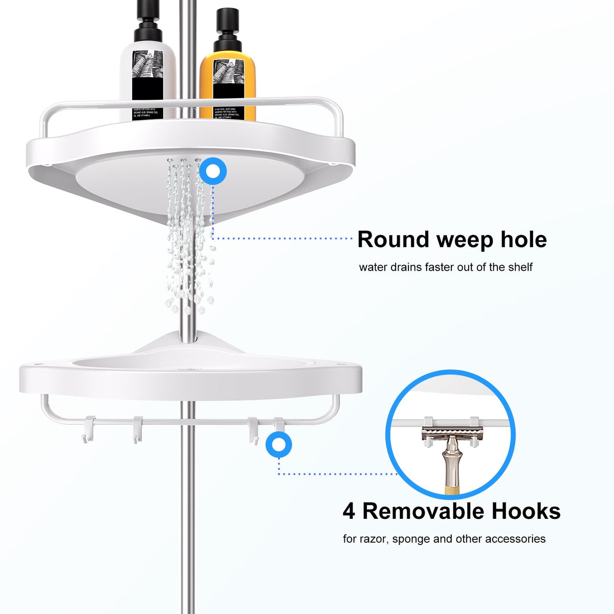 HAMITOR stainless steel shower caddy provides rust-proof storage for daily essentials.