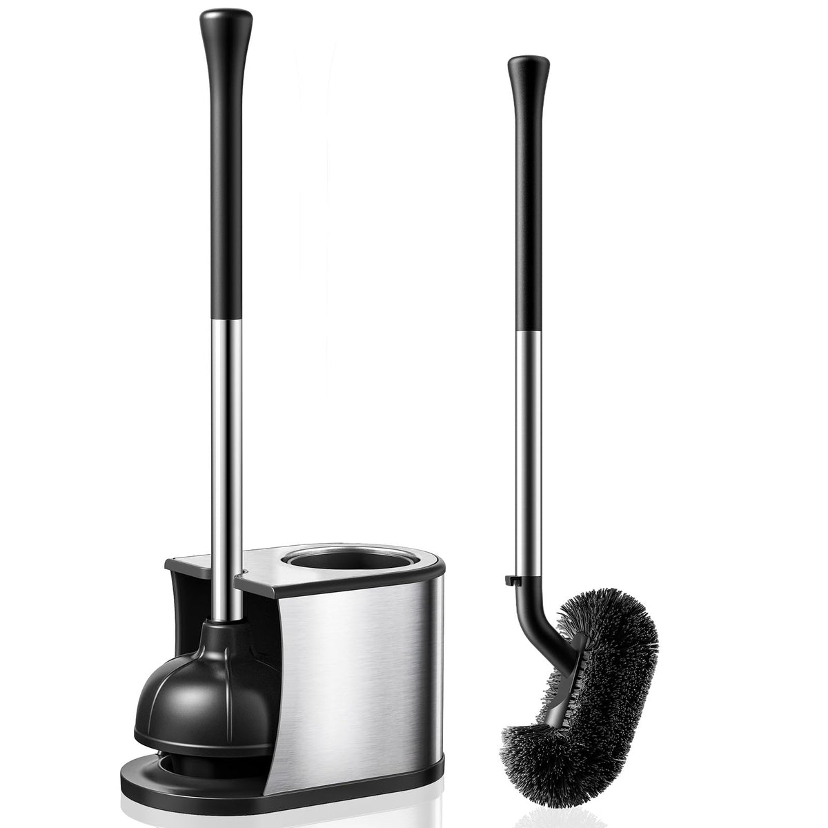 HAMITOR toilet plunger brush base in stainless steel keeps bathroom tidy.