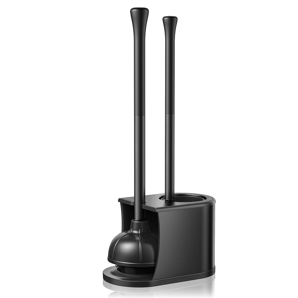 HAMITOR toilet plunger and brush base demonstrates compact storage for small bathrooms.