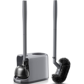 HAMITOR toilet plunger and brush set with caddy stand keeps bathroom organized.