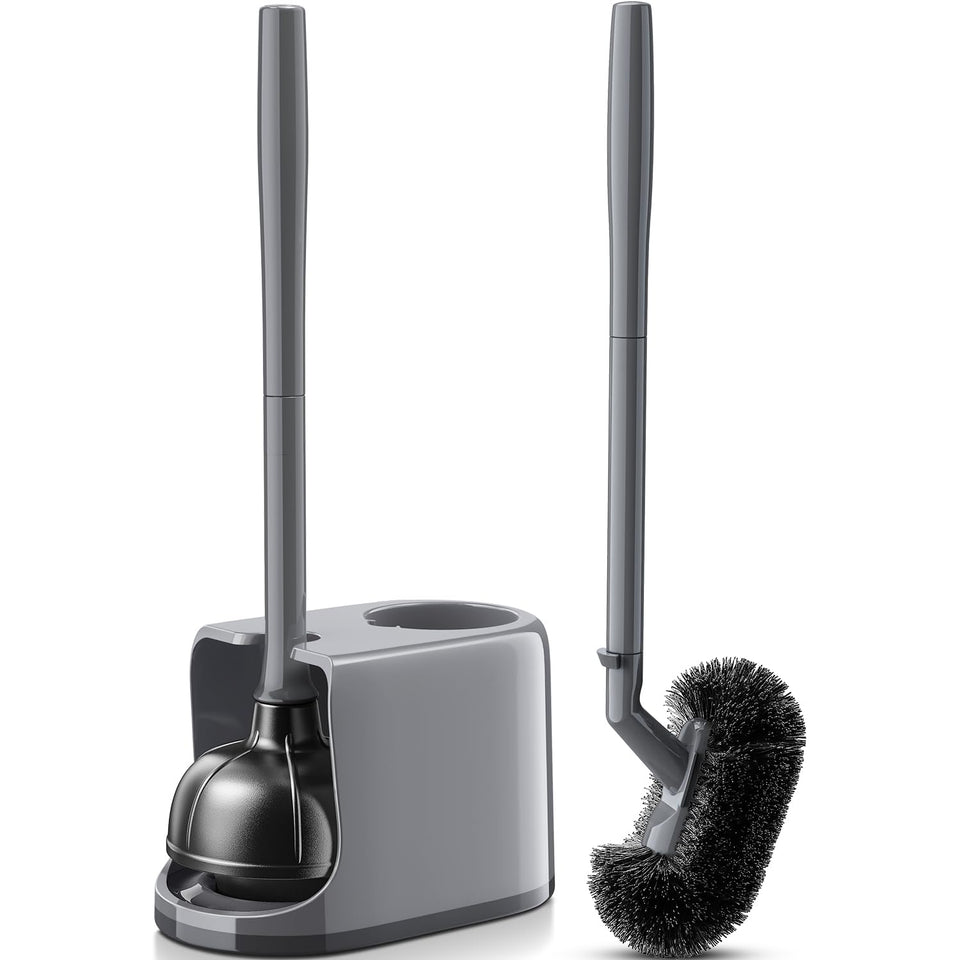 HAMITOR toilet plunger and brush set with caddy stand keeps bathroom organized.