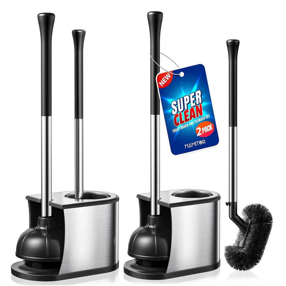 HAMITOR 2-in-1 toilet plunger and brush set with compact design for efficient cleaning.