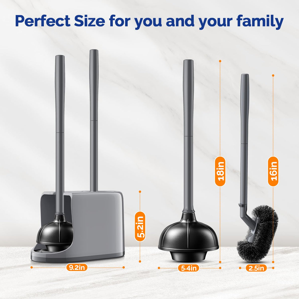 HAMITOR wall-mount base keeps plunger and brush ready and accessible.