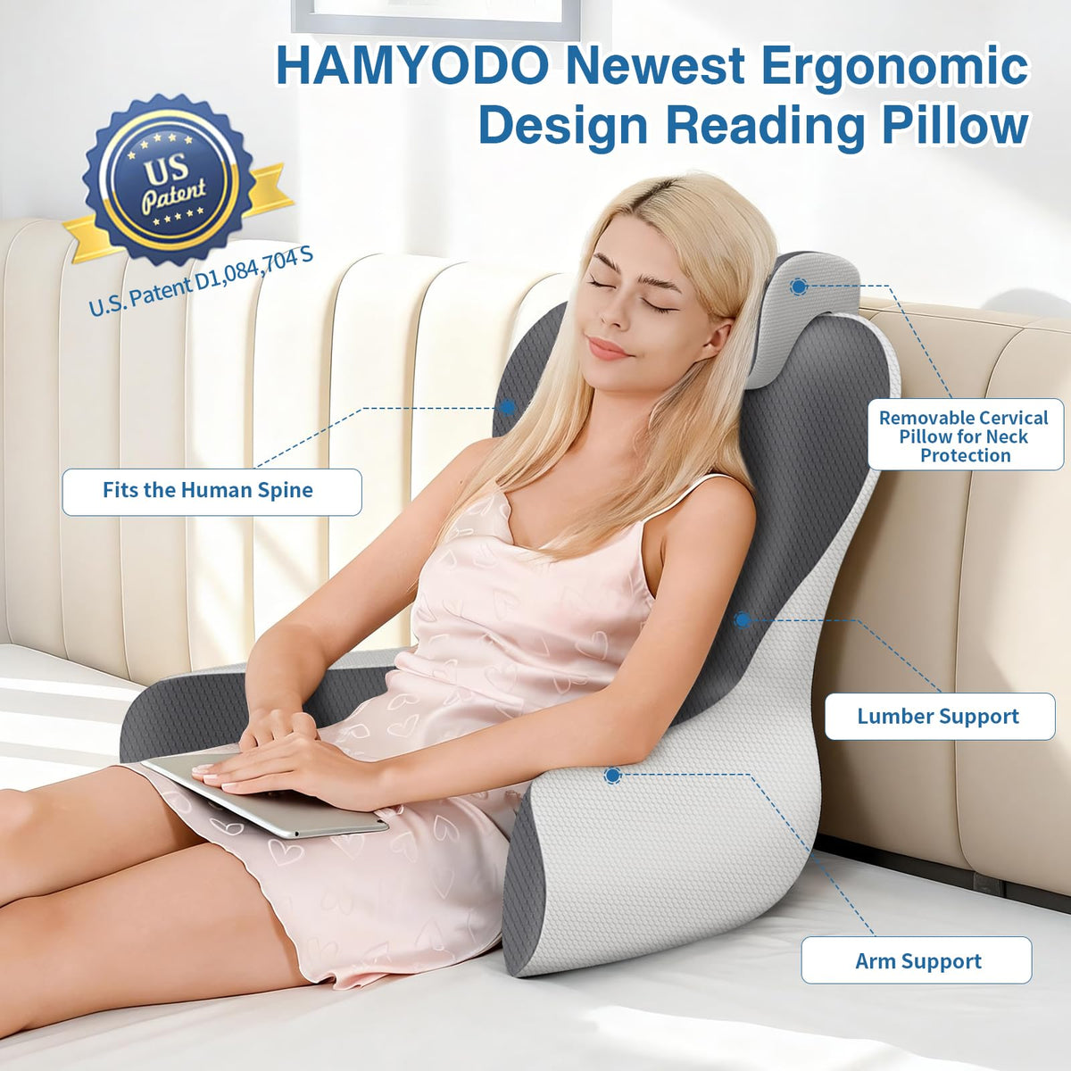 HAMYODO Reading Pillow back-support emphasizes ergonomic alignment for comfortable lounging.