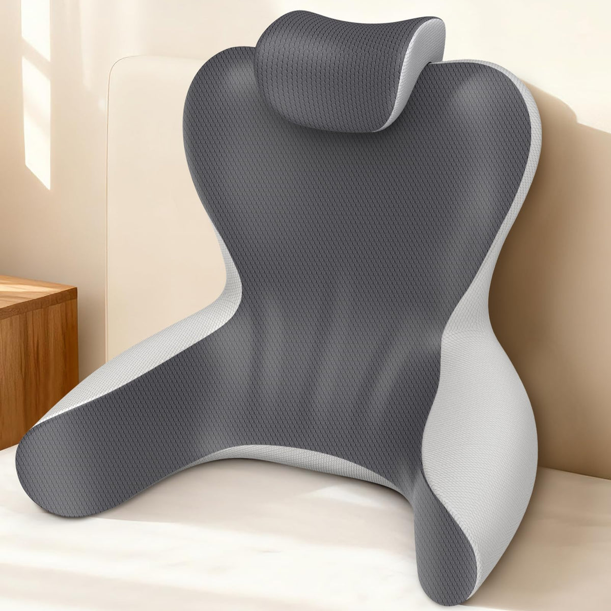 HAMYODO Reading Pillow with bed arms provides ergonomic support for upright reading.