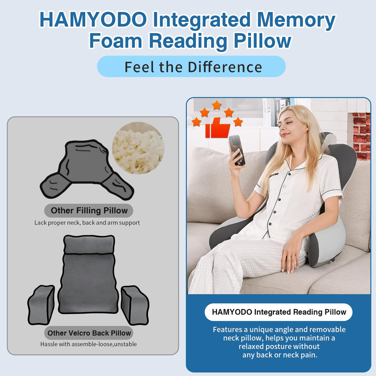 HAMYODO memory-foam core delivers durable, pressure-relieving support over time.