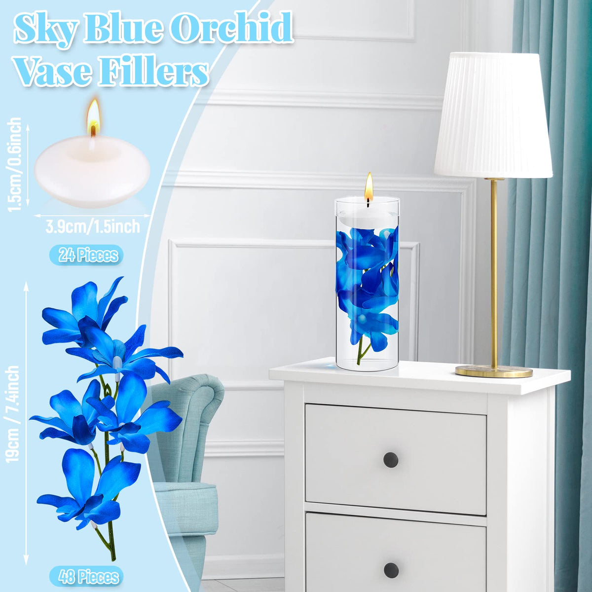 Hanaive blue orchids artificial flowers in vase with candles creating warm ambiance.