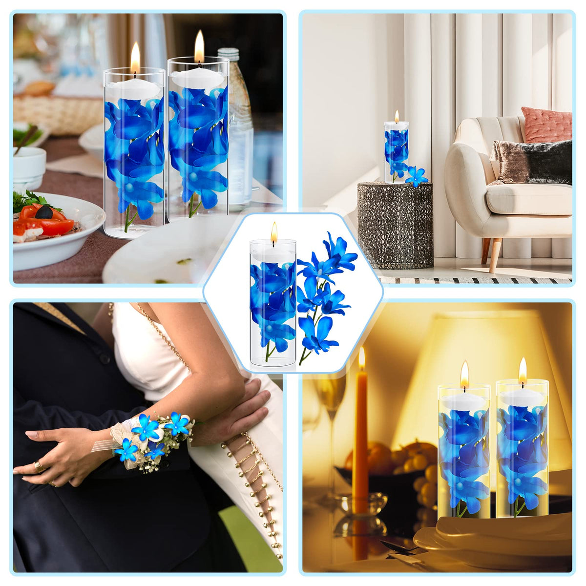 Hanaive packaging includes 24 blue orchids and 18 white candles for decorating versatility.
