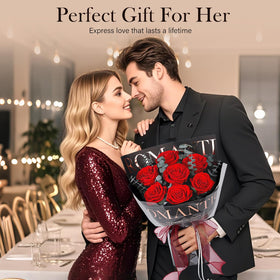 Hanameguri gift box with roses featuring transparent window for gift-ready presentation.