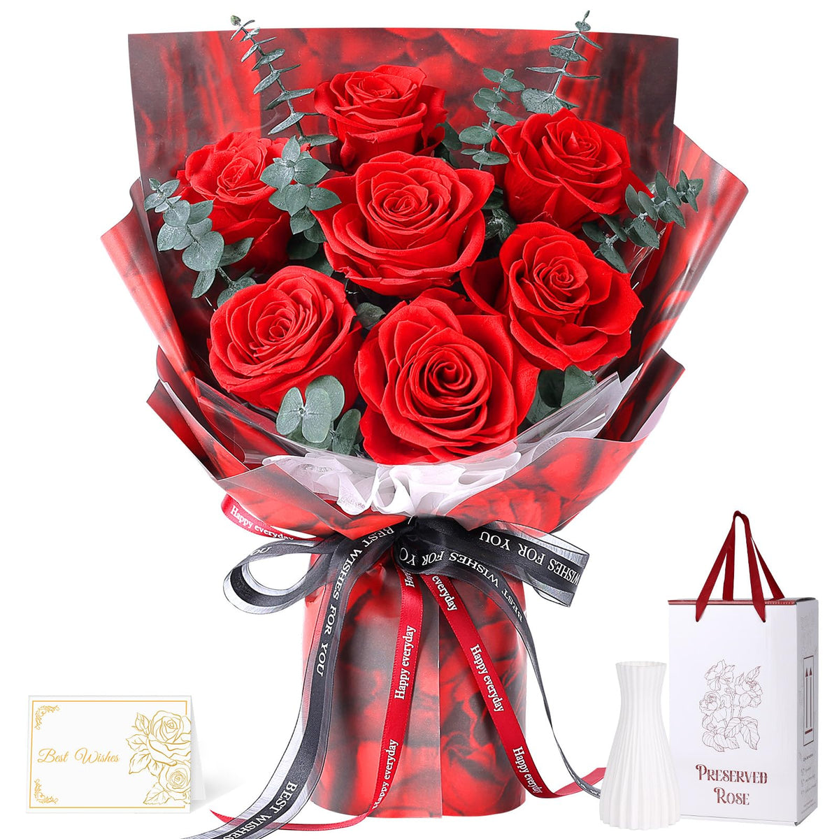 Hanameguri preserved roses bouquet with seven red roses ready to gift or display