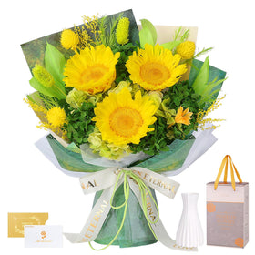 Hanameguri preserved sunflower bouquet in display-ready arrangement with long lasting color