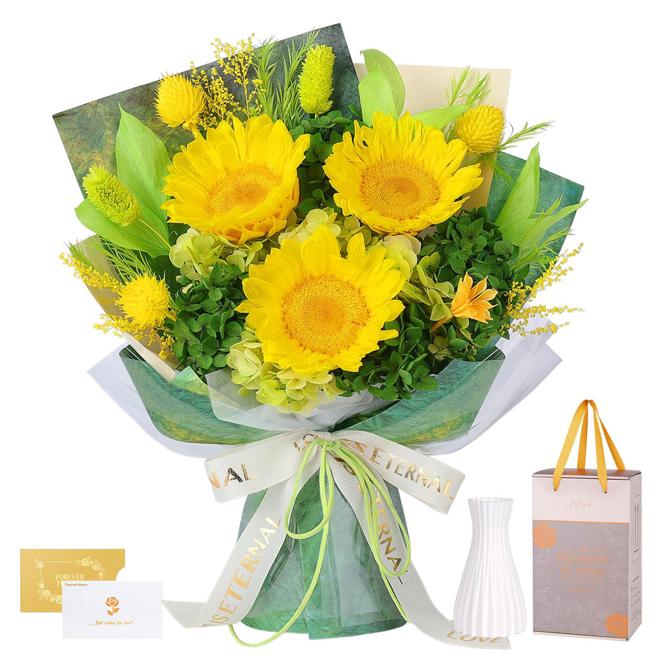 Hanameguri preserved sunflower bouquet in display-ready arrangement with long lasting color