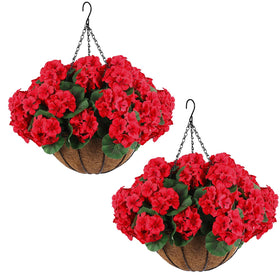 Hananona 2-set artificial red geraniums in hanging baskets for outdoor display.