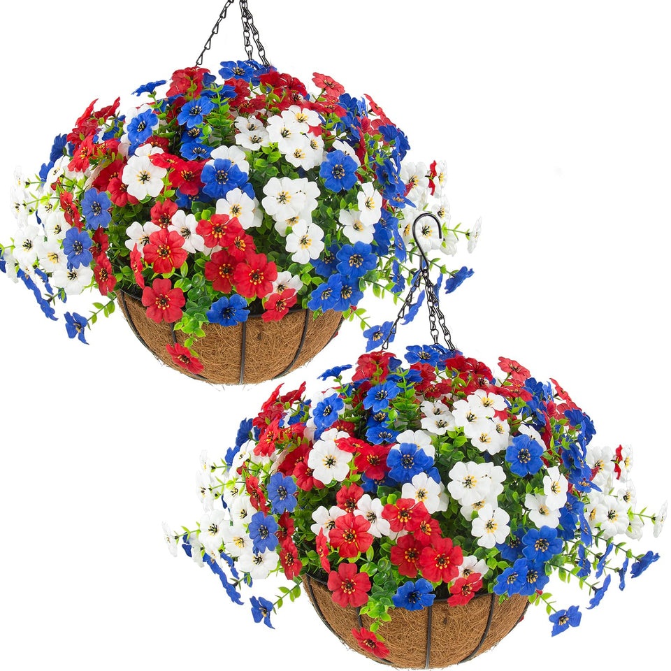 Hananona artificial outdoor flowers in hanging baskets for year-round color.