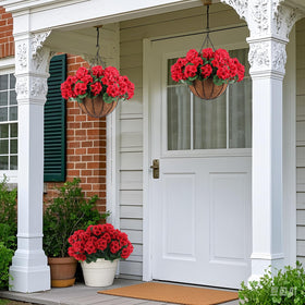 Hananona versatile porch decor with fade-resistant geranium blooms.
