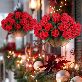 Hananona outdoor centerpiece with red geraniums for patio decor