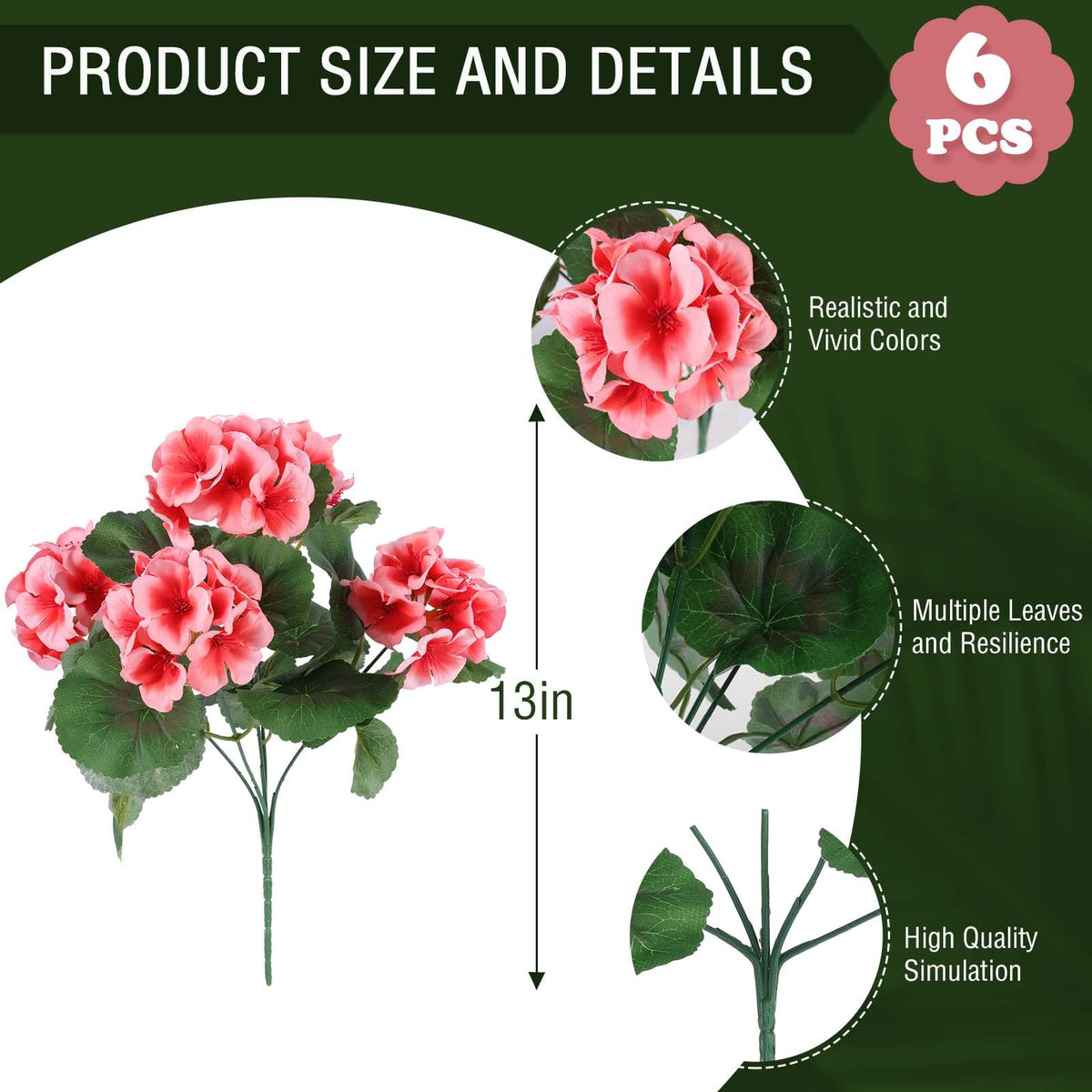 Hananona silk geraniums UV-resistant heads add realism to indoor and outdoor spaces.