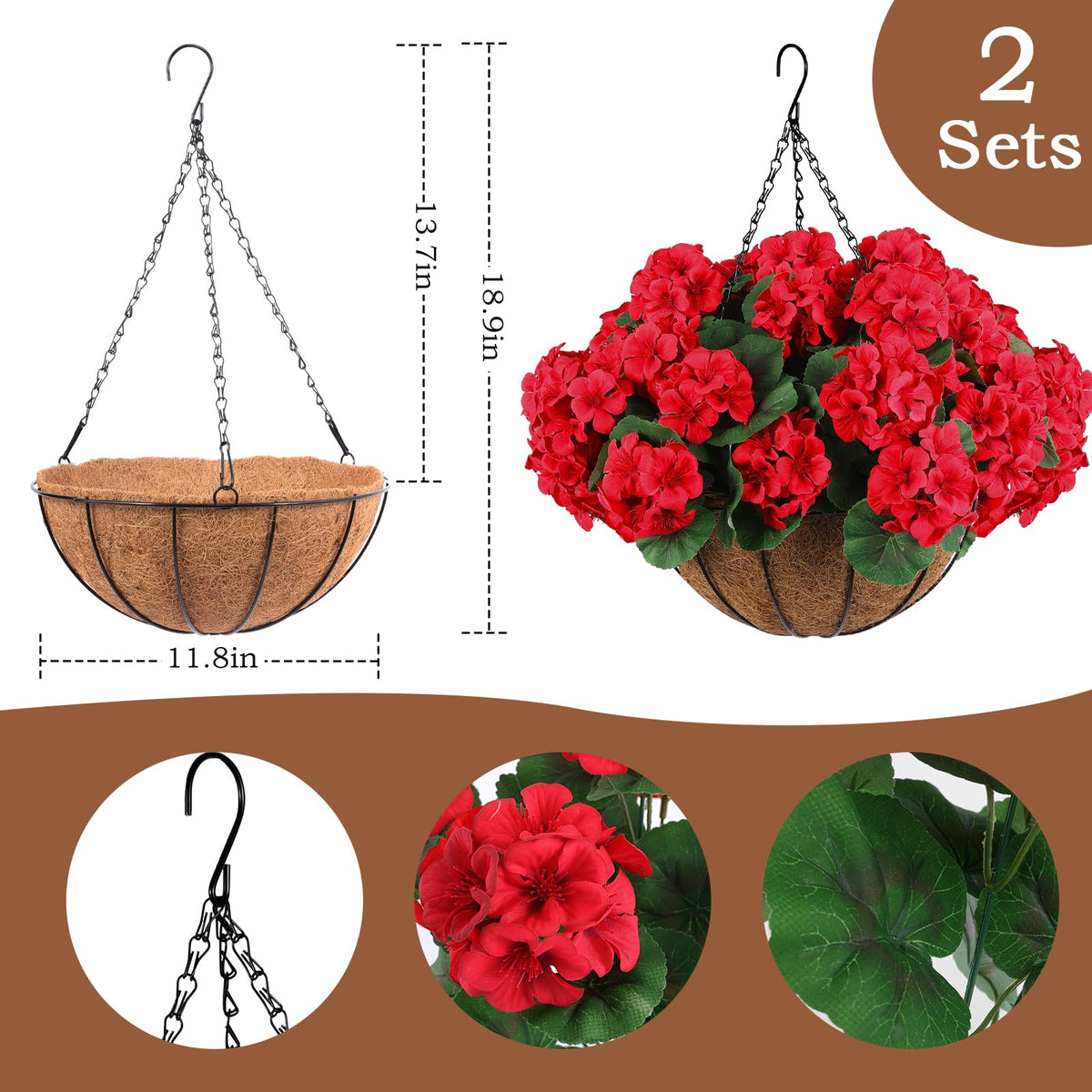 Hananona hanging baskets with vivid red geraniums and realistic green foliage.