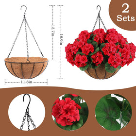 Hananona hanging baskets with vivid red geraniums and realistic green foliage.
