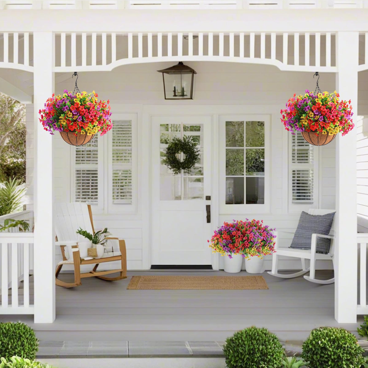 Hananona realistic eucalyptus leaves complement the silk flowers for a lush outdoor display.