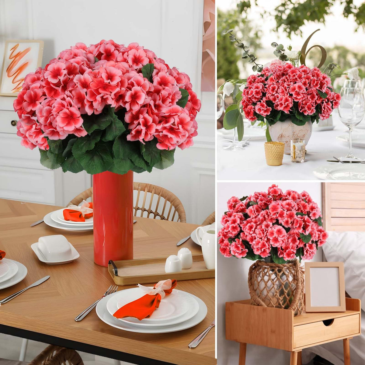 Hananona wedding and event decor geraniums add soft color accents.