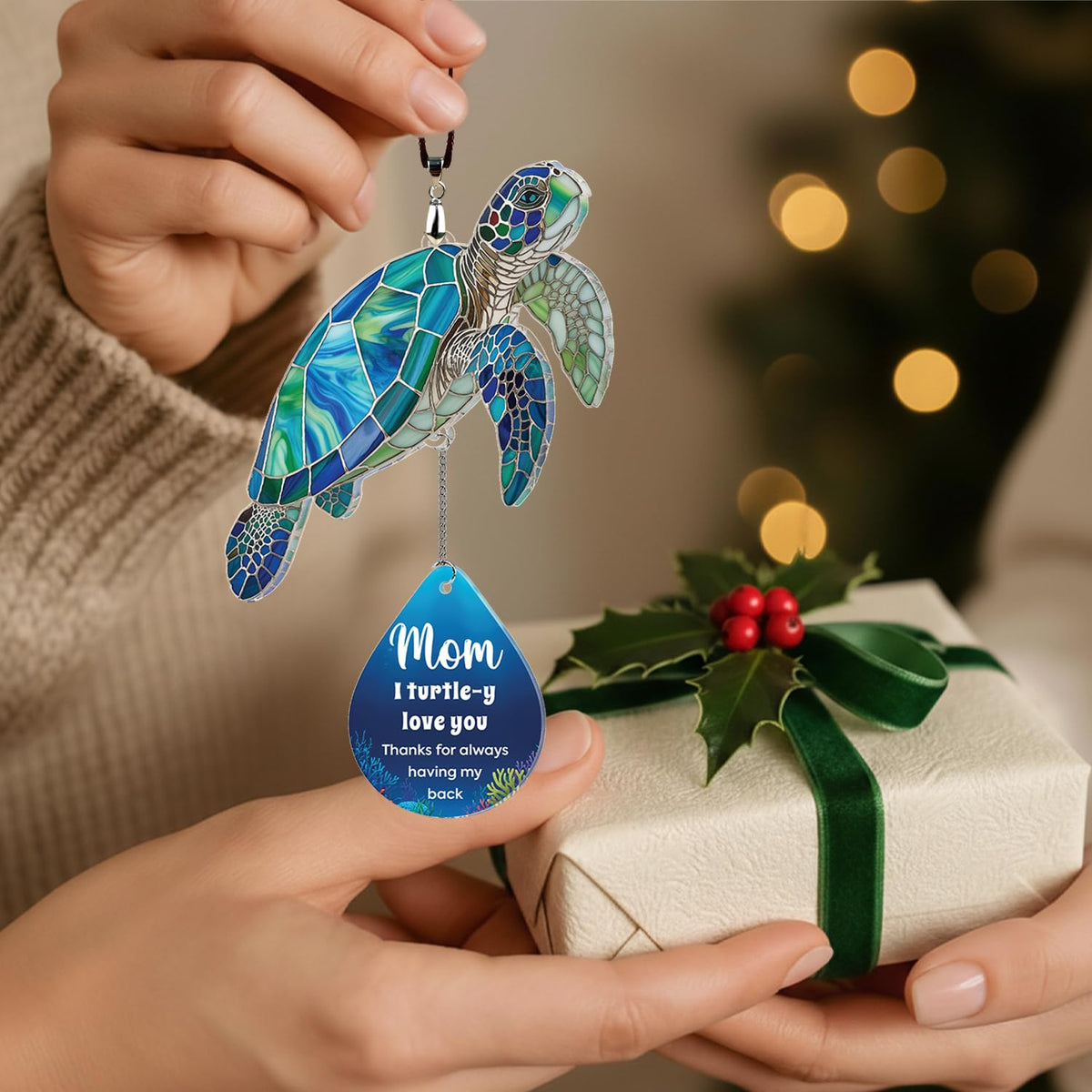HANATOCA sea turtle ornament with hanging detail showcases stained-glass style.