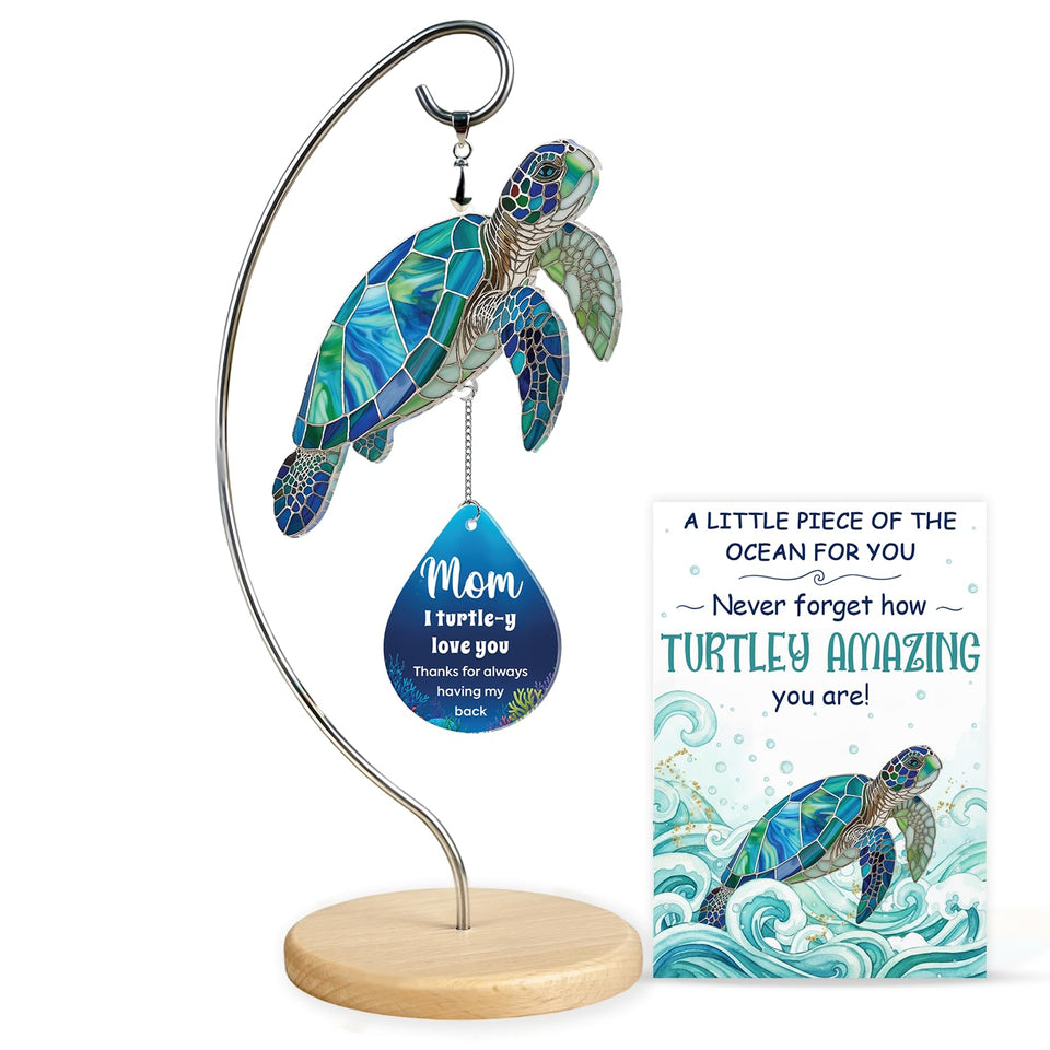HANATOCA sea turtle ornament on wooden base adds calming coastal charm to a desk.