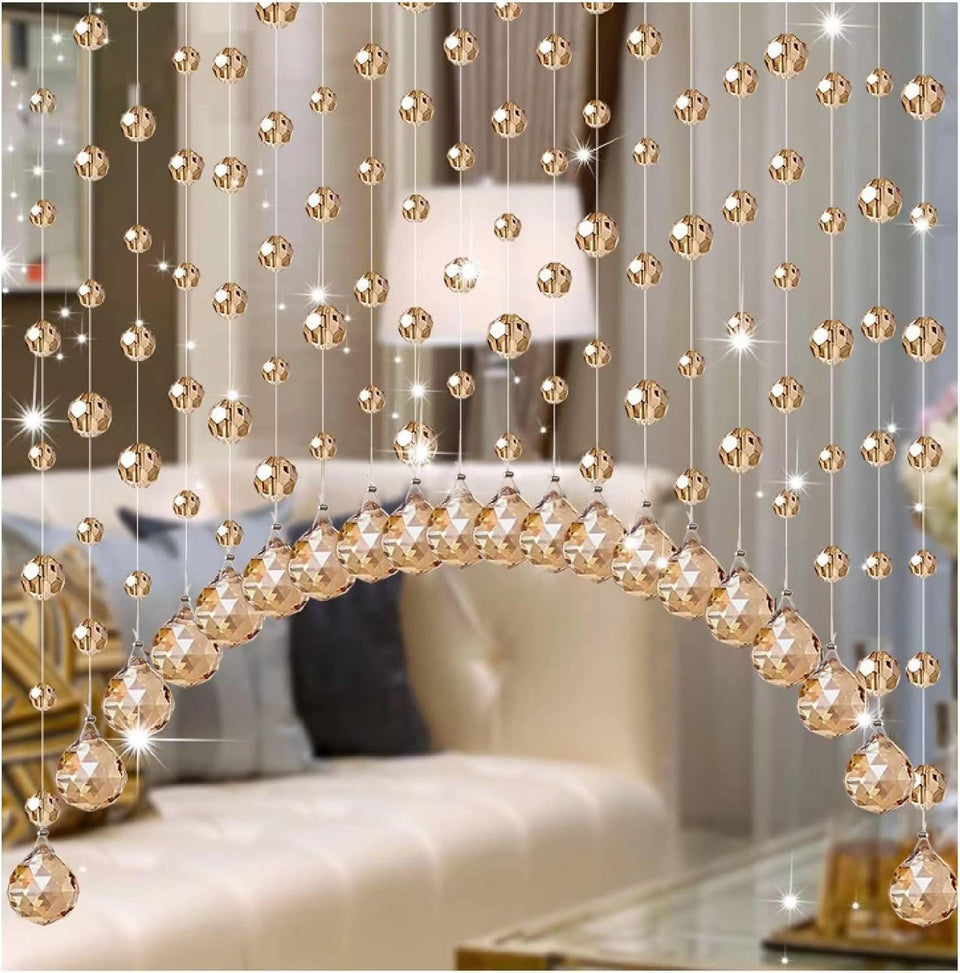 Hanbinsen 20-string crystal beaded curtain arches over a doorway, adding elegance and visual separation.