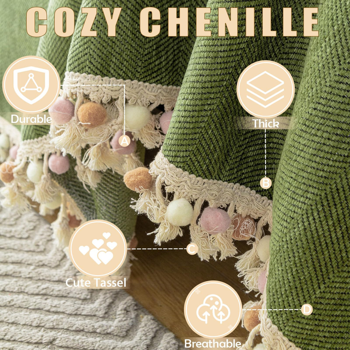 HANDONTIME green chenille sofa cover with herringbone texture for easy cleaning.
