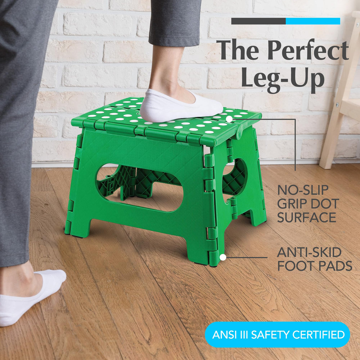 Handy Laundry folding step stool open, ready to reach high shelves safely.