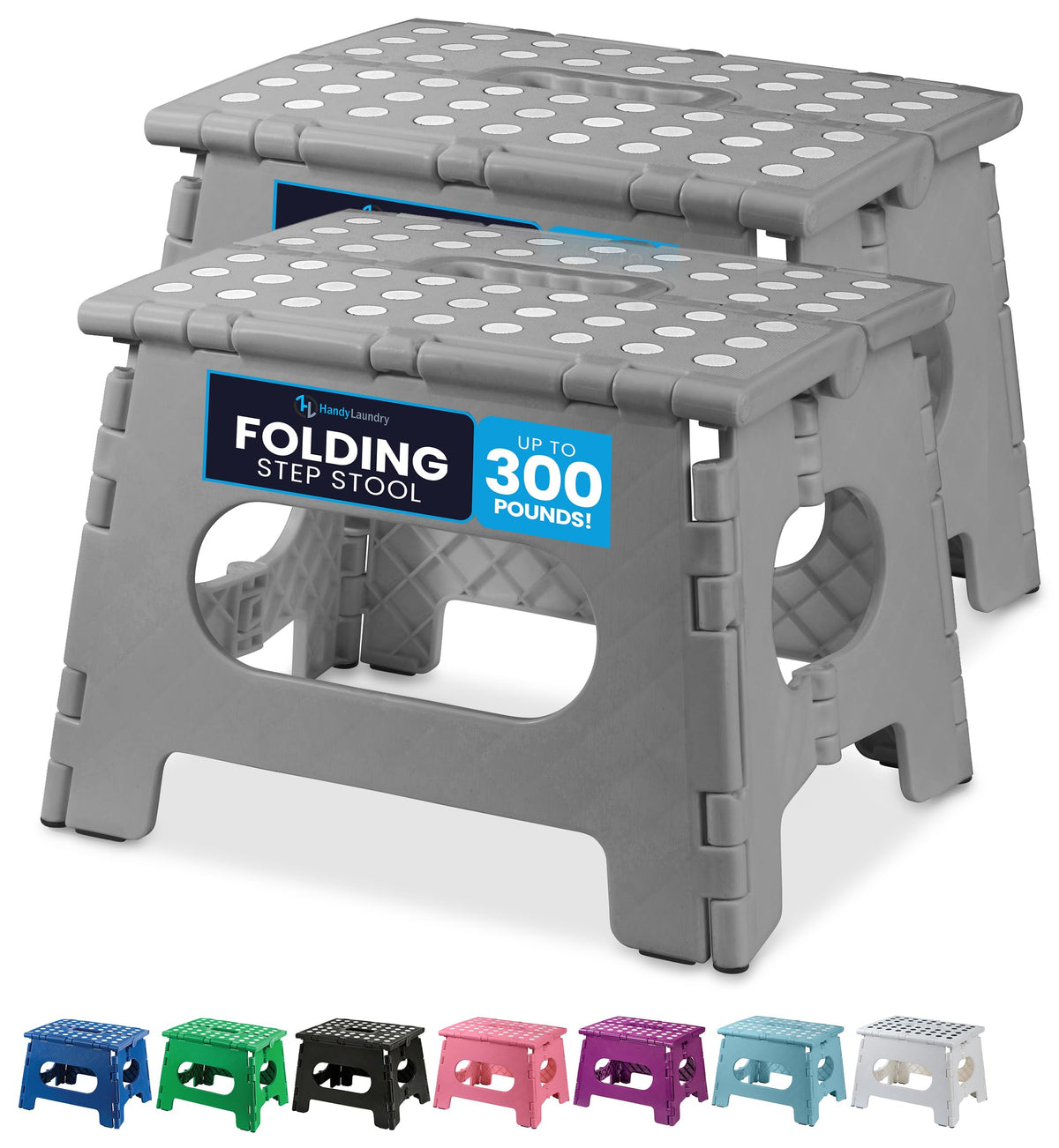 Handy Laundry folding step stool opens with one flip for quick setup in grey.