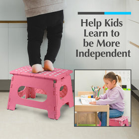 Handy Laundry pink stool in bathroom beside the sink for help