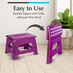 Handy Laundry purple foldable stool folded compactly for storage.