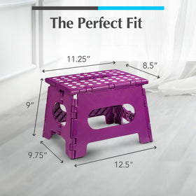 Handy Laundry purple stool in bathroom for kids handwashing and grooming.