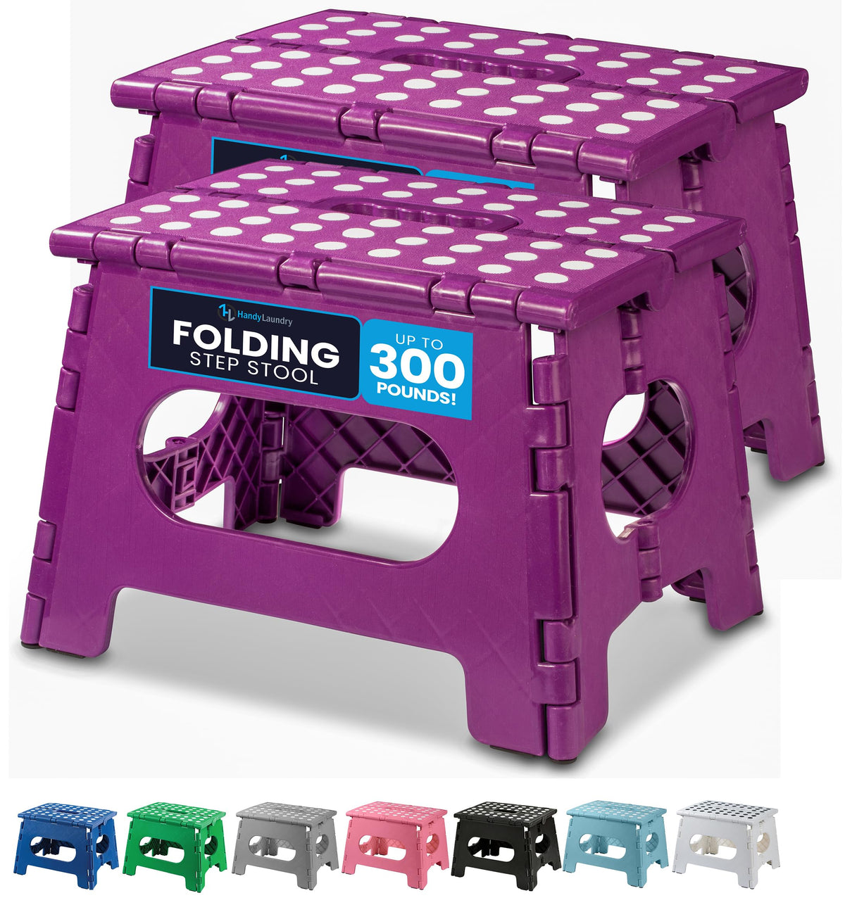 Handy Laundry folding step stool in purple, opened for easy reach at sink or counter.