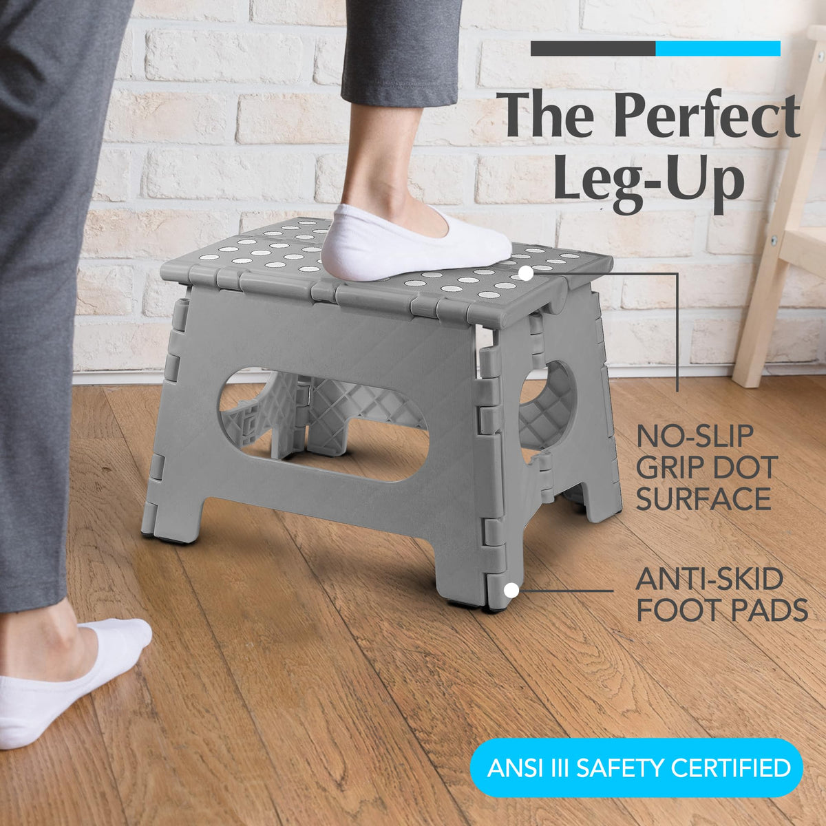 Handy Laundry folding step stool features a safety grip surface for stable footing.