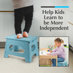 Handy Laundry teal stool showing child-friendly design for family use.