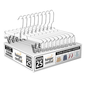 Hanger Central premium 14-inch clear pants hanger with clips keeps outfits organized.