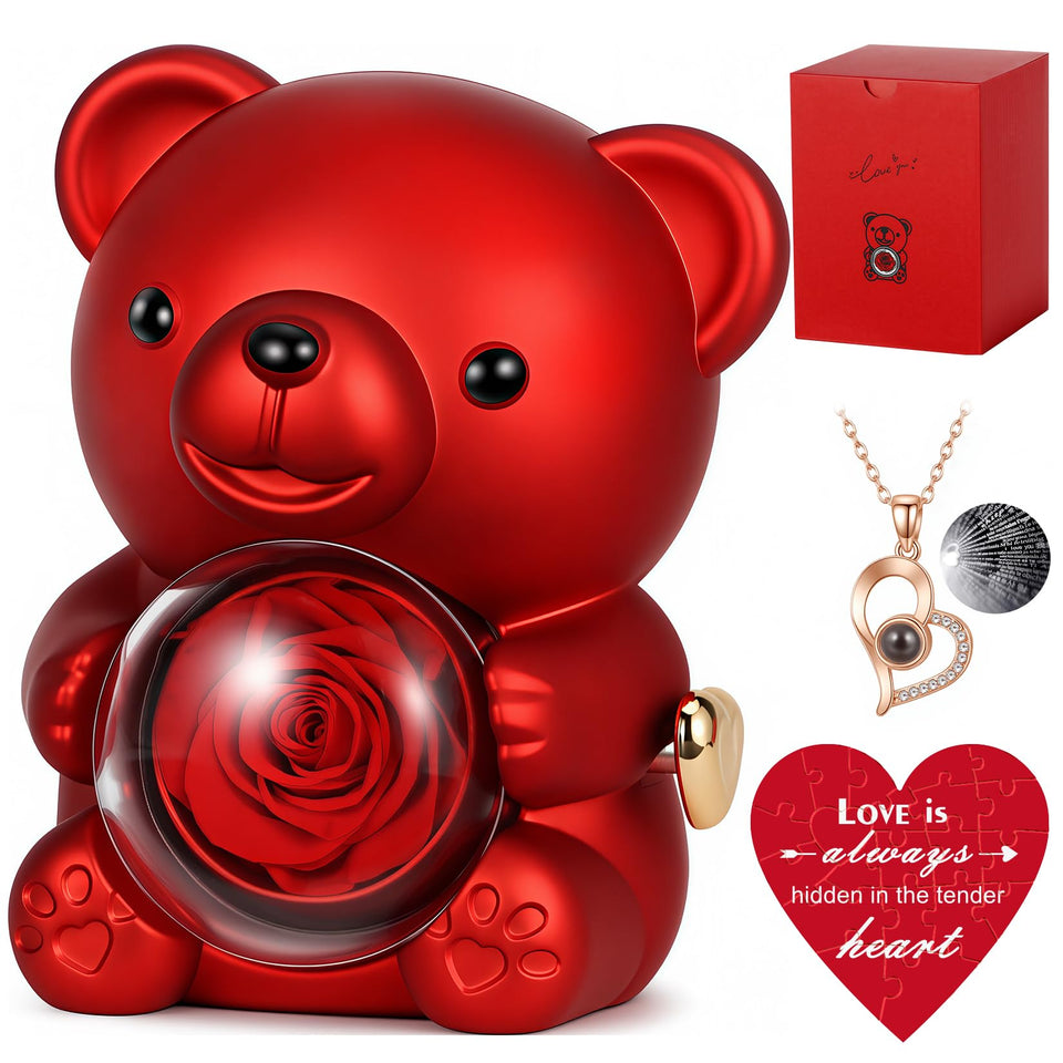 Hangerspace teddy bear with preserved rose in elegant gift box, a lasting keepsake.
