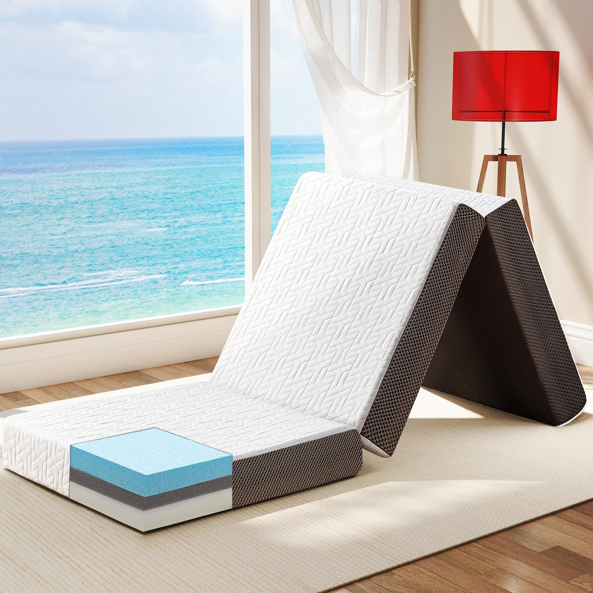 Hanherry tri-fold mattress open to 75x25 inches for versatile travel comfort