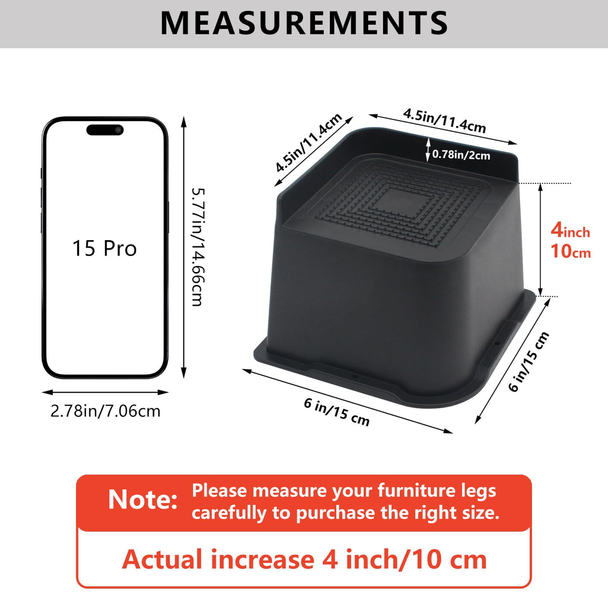HANIHUA bed risers with widened 4.5-inch base for secure contact.